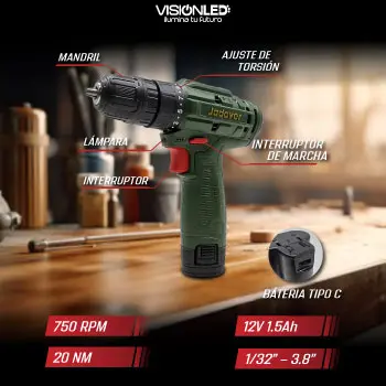 TALADRO INALAMBRICO 12V 750RPM 20NM INC BATERIA 1.5AH