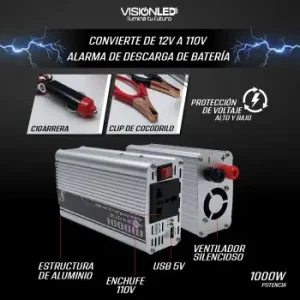 INVERSOR TRANSFORMADOR CONVERTIDOR PARA AUTO 12V A 110V 1000W