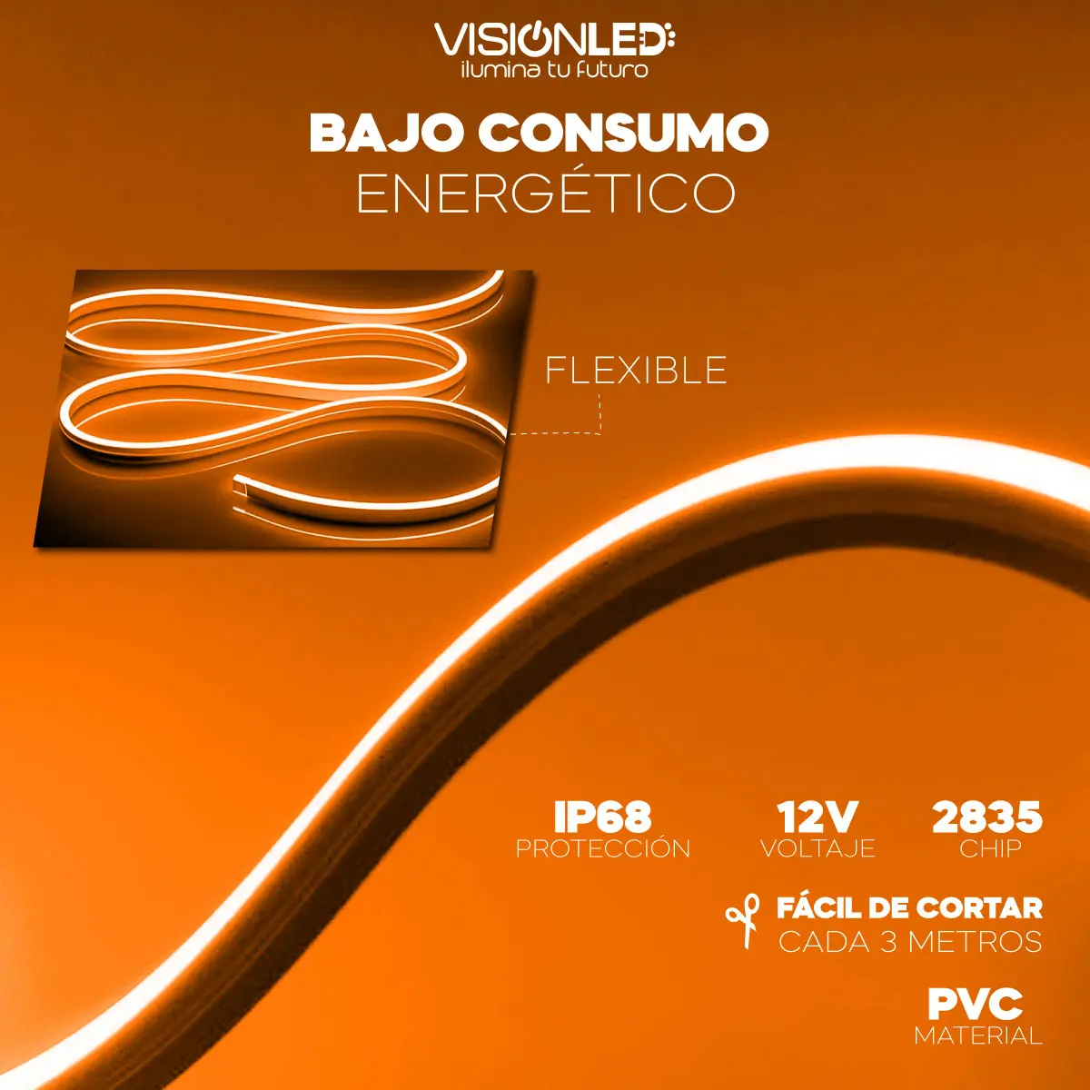Cinta LED neón naranja 12V flexible e impermeable IP68