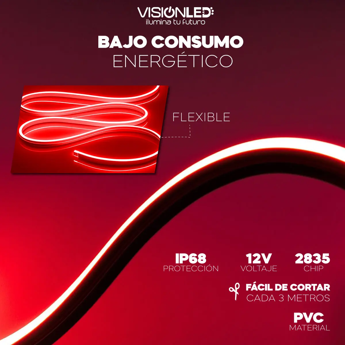 Cinta LED neón roja 12V flexible e impermeable IP68