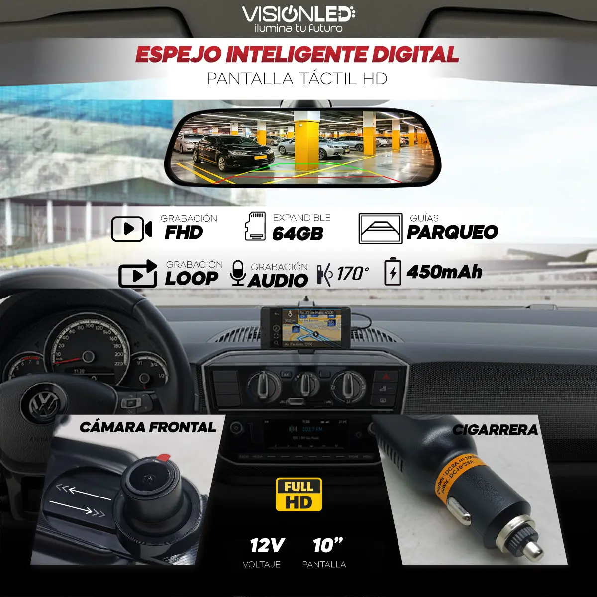 Espejo Retrovisor con Cámara Frontal y Trasera 10" Full HD