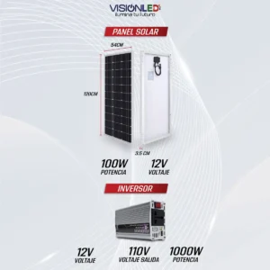 Kit de Sistema Solar 100W con Batería 50Ah e Inversor 1000W
