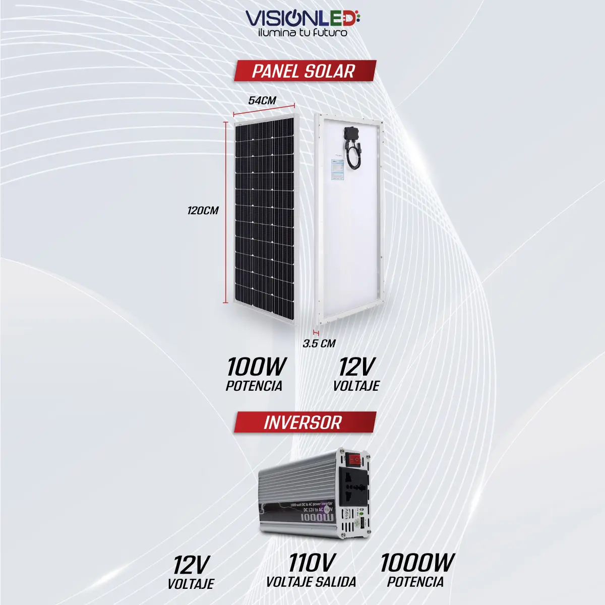 Kit de Sistema Solar 100W con Batería 50Ah e Inversor 1000W