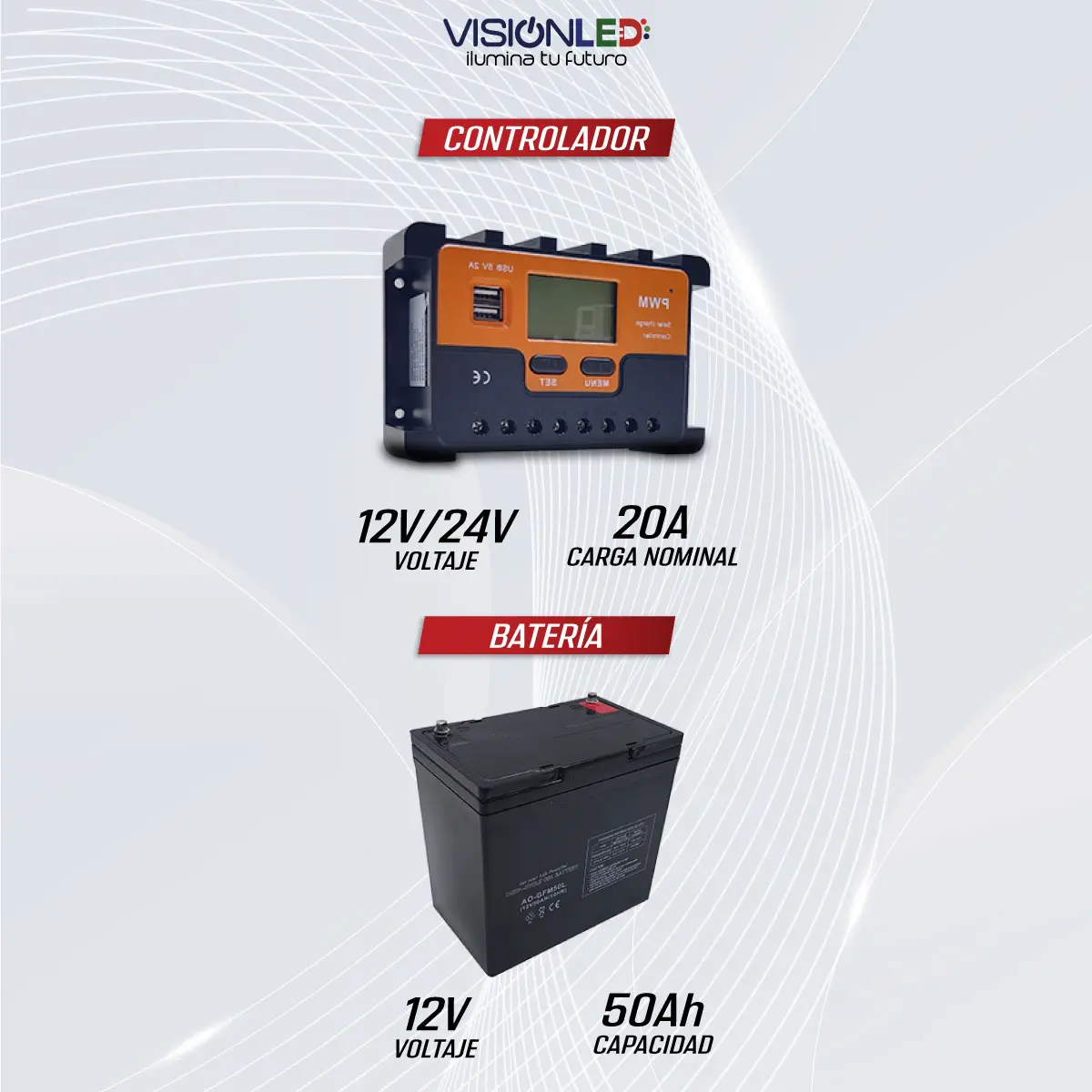 Kit de Sistema Solar 100W con Batería 50Ah e Inversor 1000W